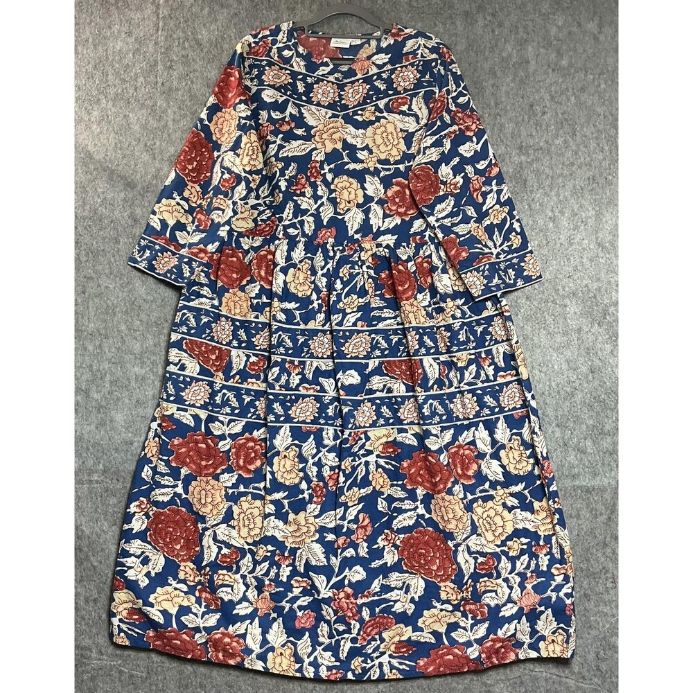 The Vermont Country Store Dress Womens M Blue Floral Cotton Maxi House Dress